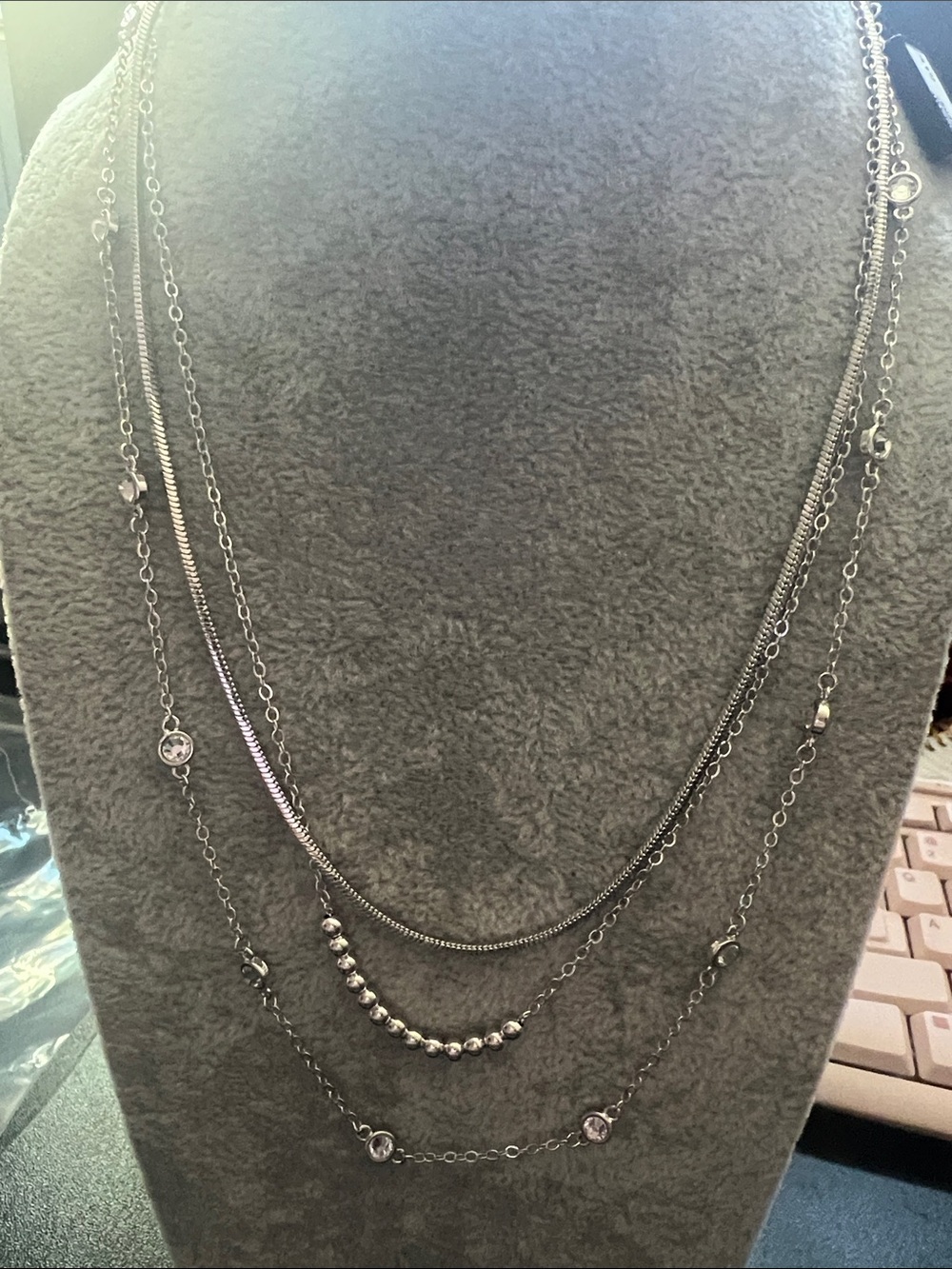 Layered Silver-Tone Multi-Chain Necklace with Bead and Crystal Accents